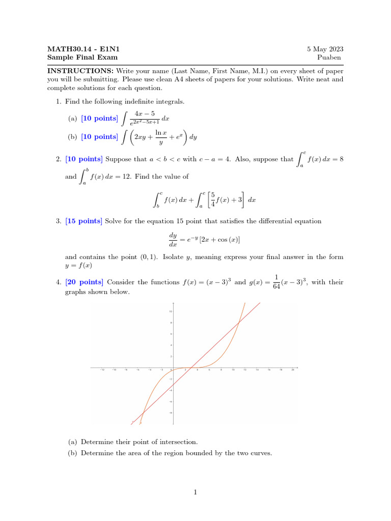 MATH30.14 Sample Final Exam Solutions | PDF
