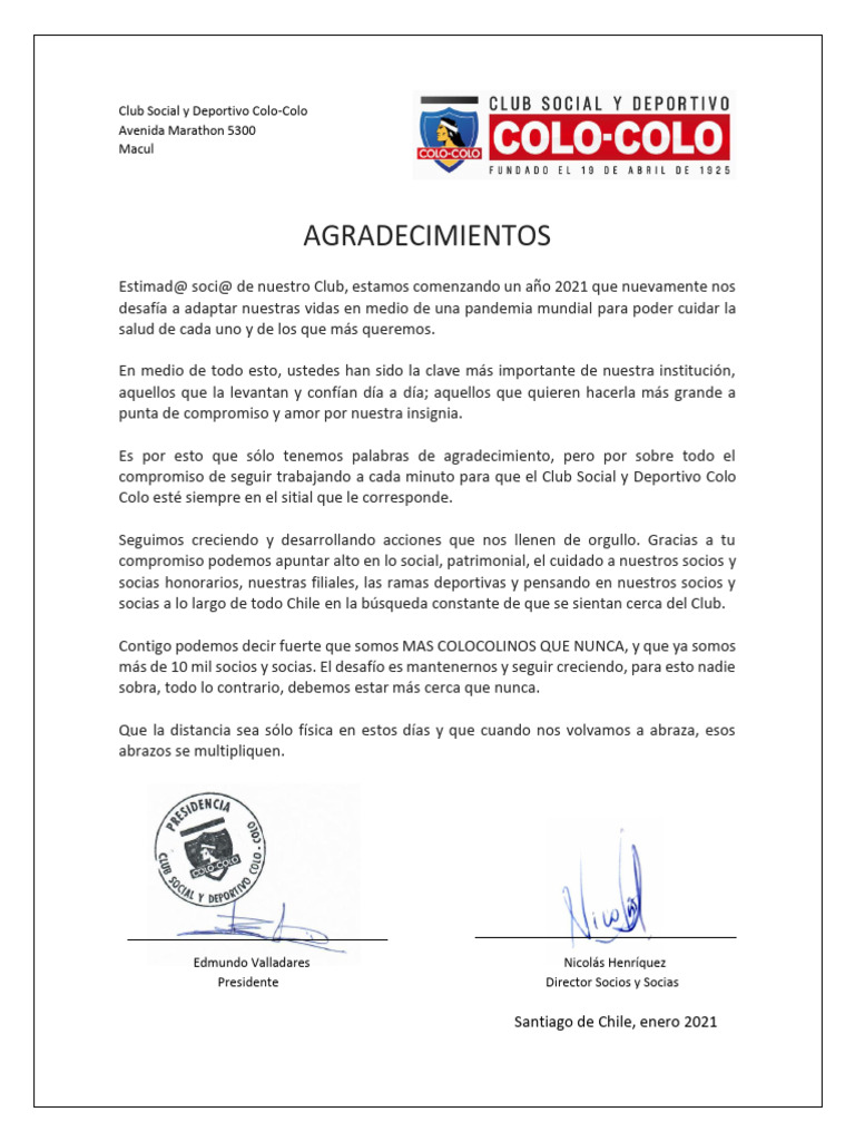 Carta Agradecimiento Socios y Socias - Campaña 2020 - Final | PDF ...