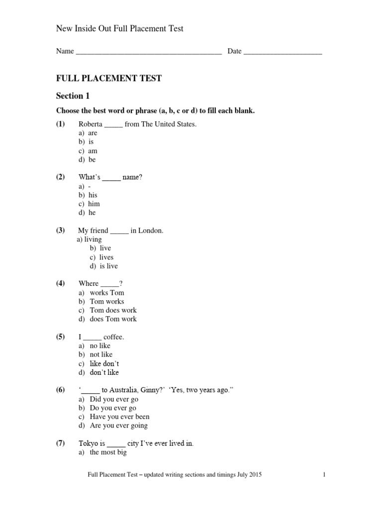 New Inside Out Placement Test 2015 | PDF | Accuracy And Precision | Tourism