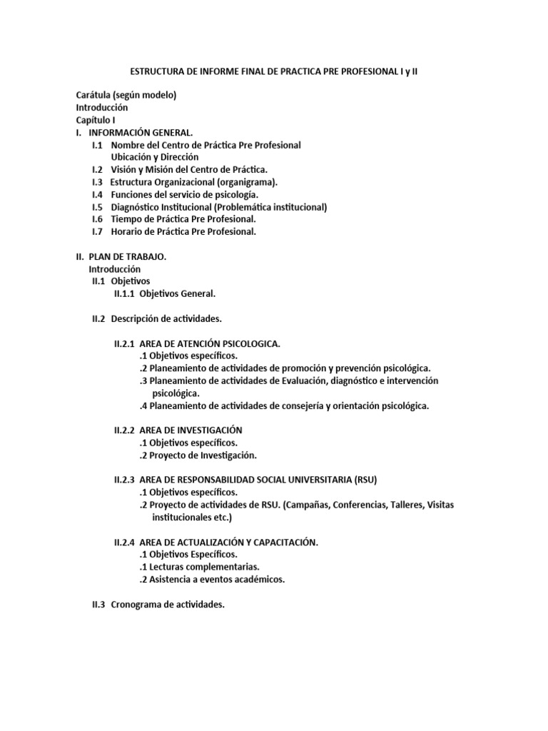 ESTRUCTURA DE INFORME FINAL DE PRACTICA PRE PROFESIONAL (1) (2) | PDF ...