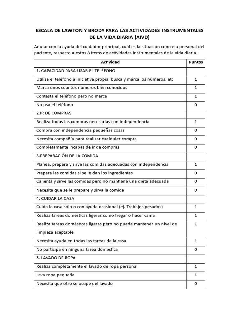 4 escala De Lawton Y Brody Para Las Actividades Instrumentales De La 