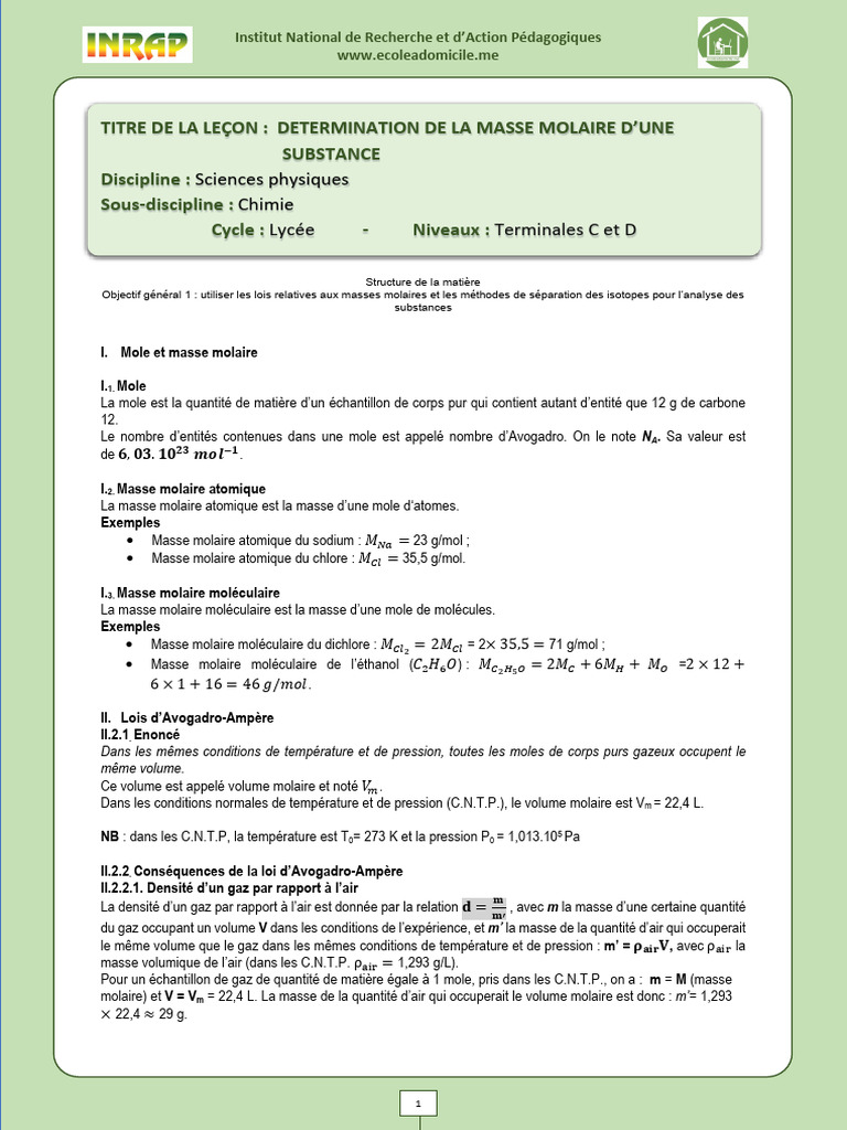 Calcul de la masse molaire en chimie | PDF | Atmosphère de la Terre ...