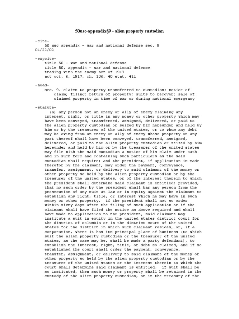 50USC-Appendix 9 - Alien Property Custodian | PDF | License | Lawsuit