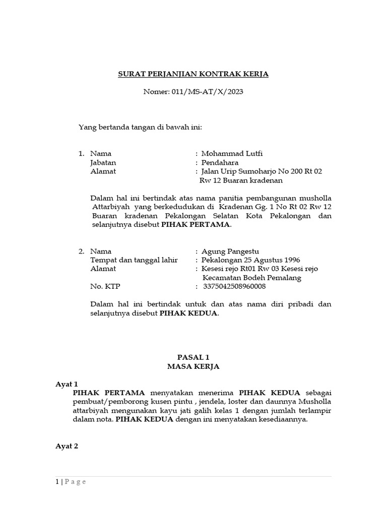 Contoh isi perjanjian kerja magang