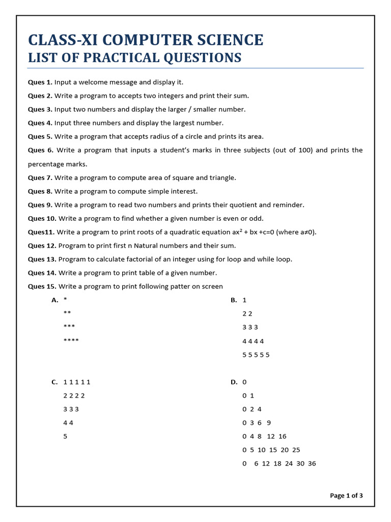 Class XI CS Practical Questions | PDF | Numbers | Area