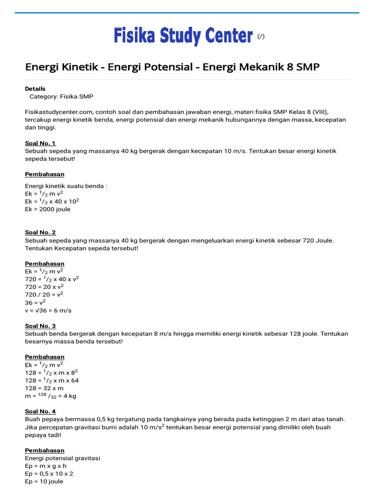 Soal Energi Kinetik dan Potensial Kelas 8 | PDF
