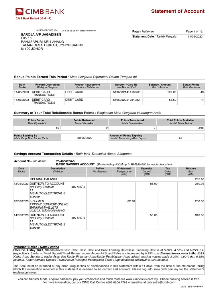 CIMB Bank Account Statement Summary | PDF | Banks | Credit Card