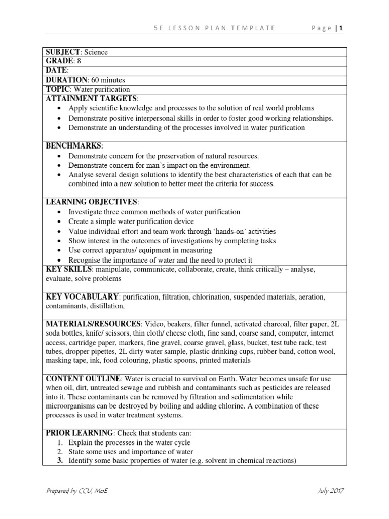 Grade 8 Water Purification Lesson PDF Water Purification Water