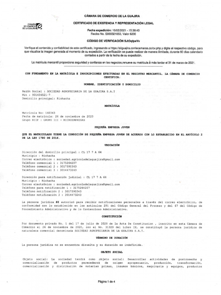 Camara de Comercio Certificado de Existencia y Representacion Legal | PDF