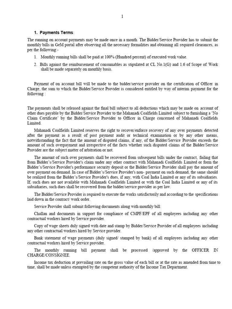 Mahanadi Coalfields Payment Terms and Conditions | PDF | Taxes | Invoice