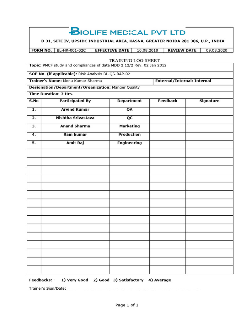 Training log sheet form no effective date pdf
