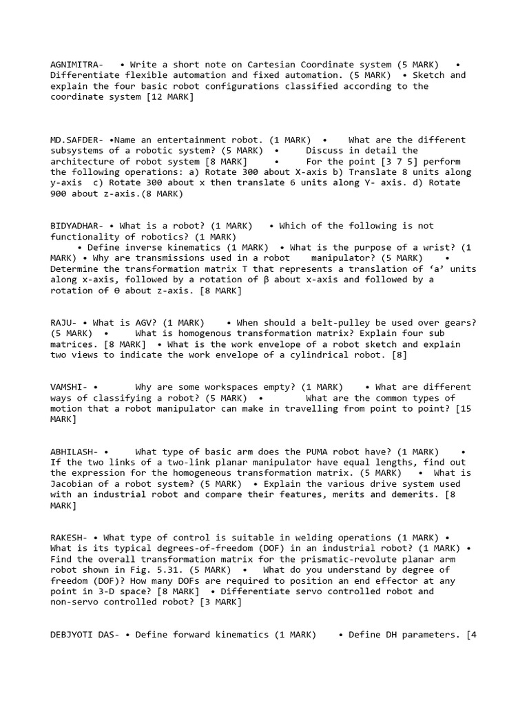 QUESTIONS FOR ROBOTICS PDF