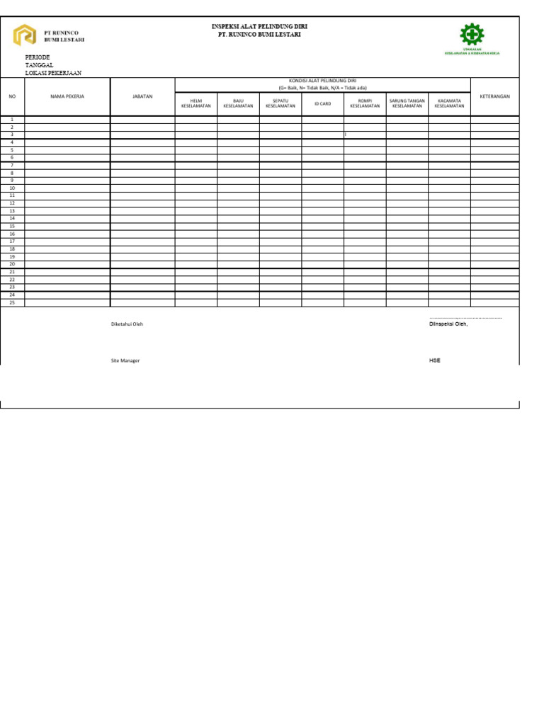 Form Inspeksi Alat Pelindung Diri | PDF