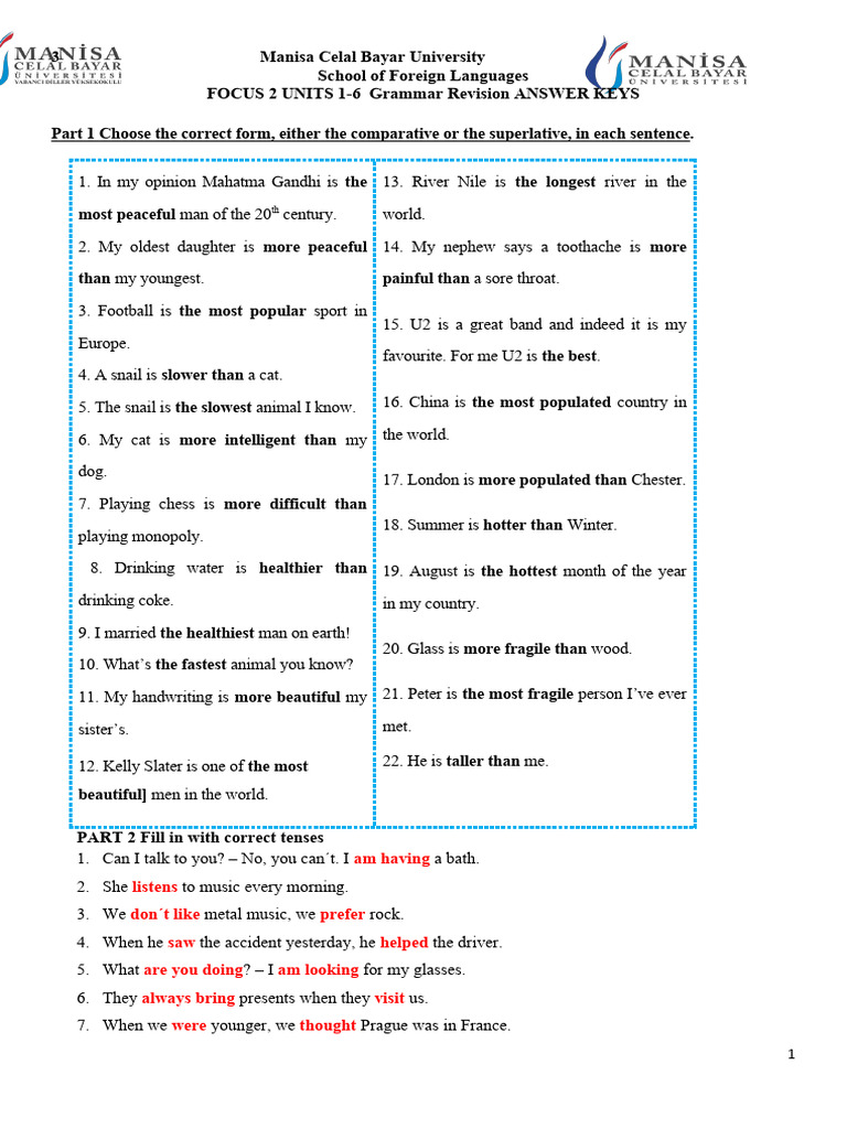 Focus 2 Grammar Revision Answer Keys | PDF | Foreign Language Studies