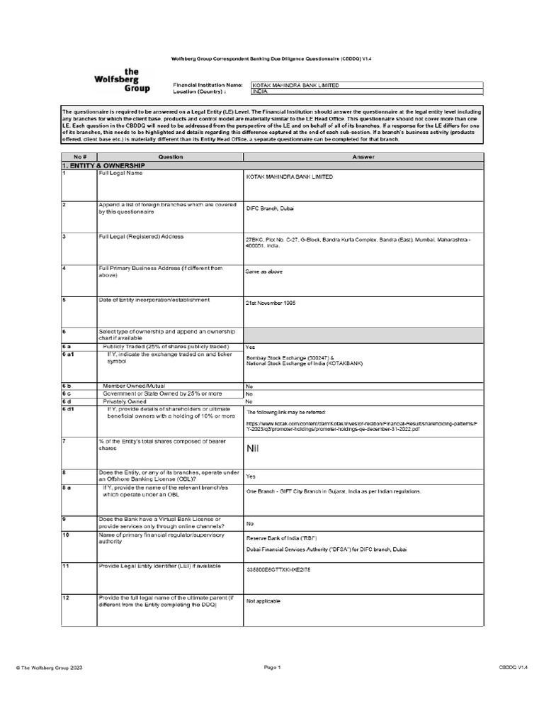 Anti Money Laundering Questionnaire | PDF