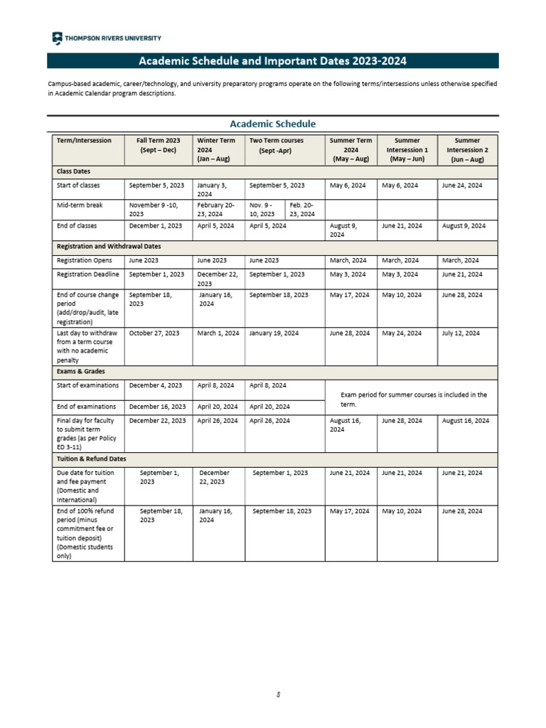 TRU Academic Schedule and Important Dates 20232024 PDF Tuition