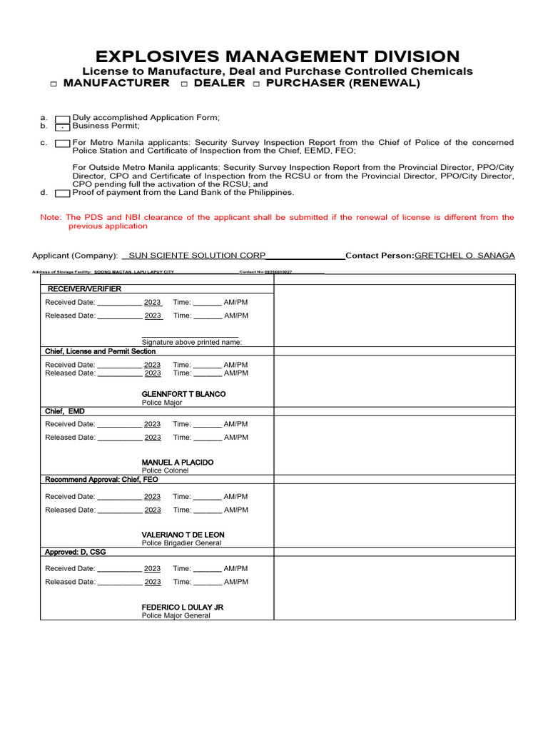 License To Manufacture, Deal & Purchase Controlled Chemicals (RENEWAL