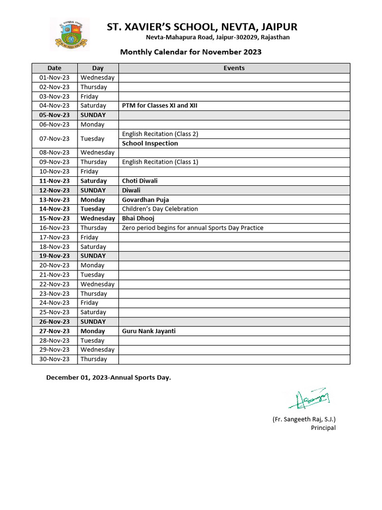 St Xavier S School Nevta Jaipur Monthly Calendar For November 2023