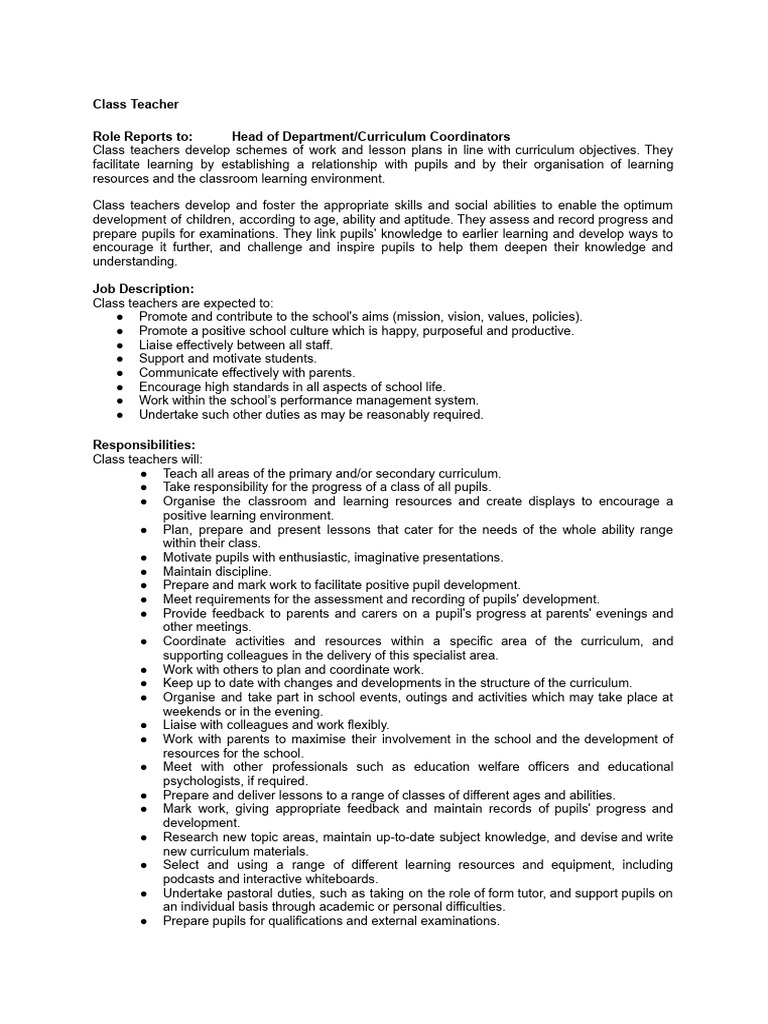 Class Teacher Job Description | PDF | Art | Wellness