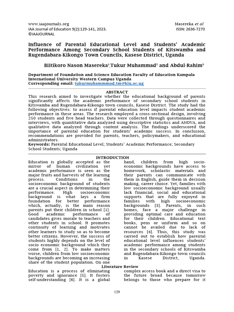 Influence of Parental Educational Level and Students' Academic ...