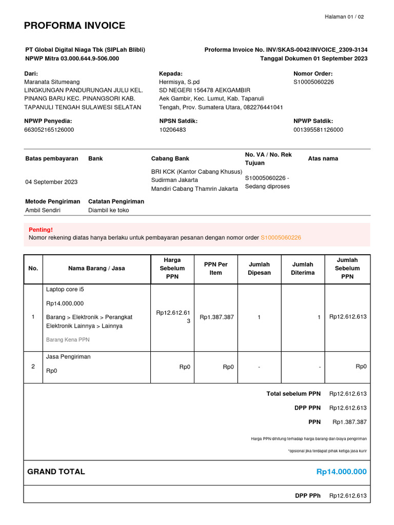 Proforma Invoice BRI S10005060226 | PDF