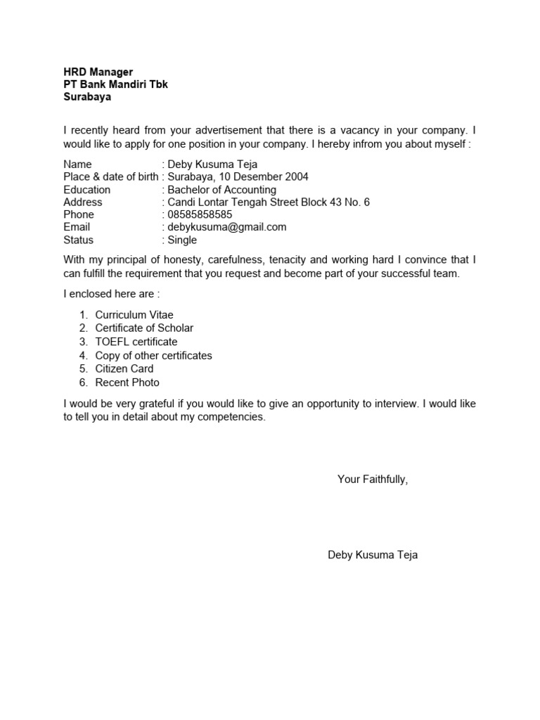 Contoh Surat Lamaran Kerja dalam Bahasa Inggris