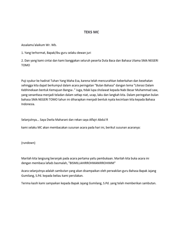 MC Acara Bulan Bahasa SMA Negeri Tomo | PDF