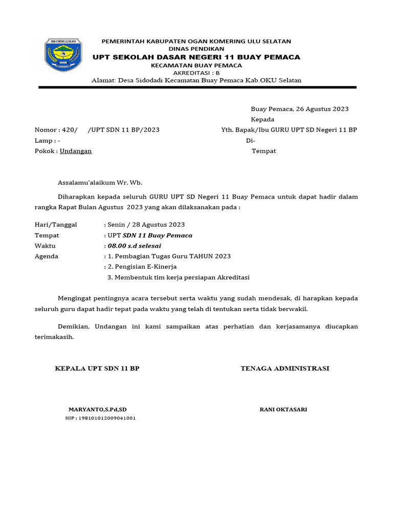 Undangan Rapat Dewan Guru | PDF