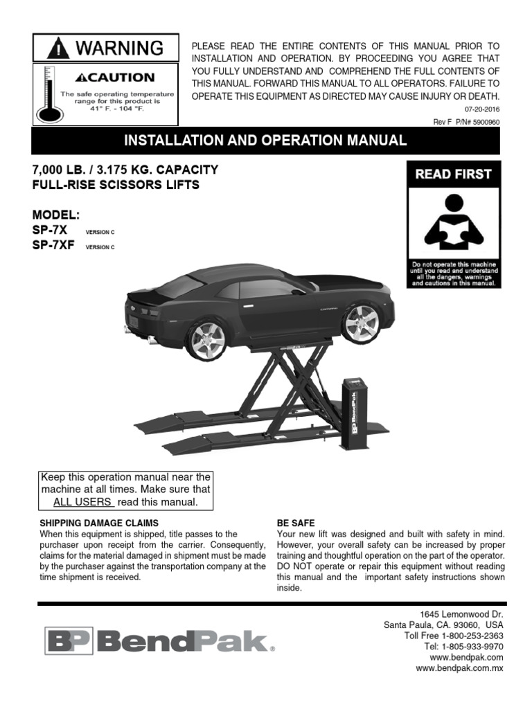 SP 7X SP 7XF Full Rise Scissor Lift Manual 5900960 BendPak PDF