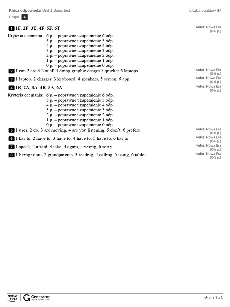 Unit 1 Basic Test Klucz Odpowiedzi | PDF