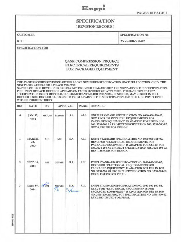 6.1.1 Electrical Requirements For Packaged Equipment Specification