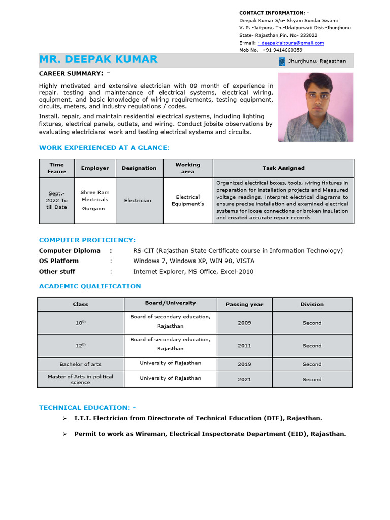 Deepak Kumar - Electrician | PDF
