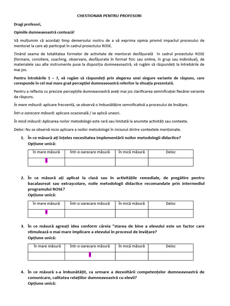 Chestionar ROSE Profesori - f-1 | PDF