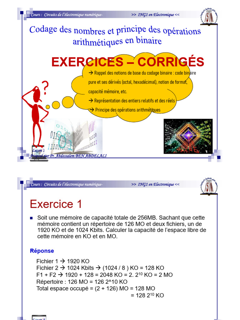CH1 Codage Des Nombres Exercices Corrigés | PDF | Électronique ...