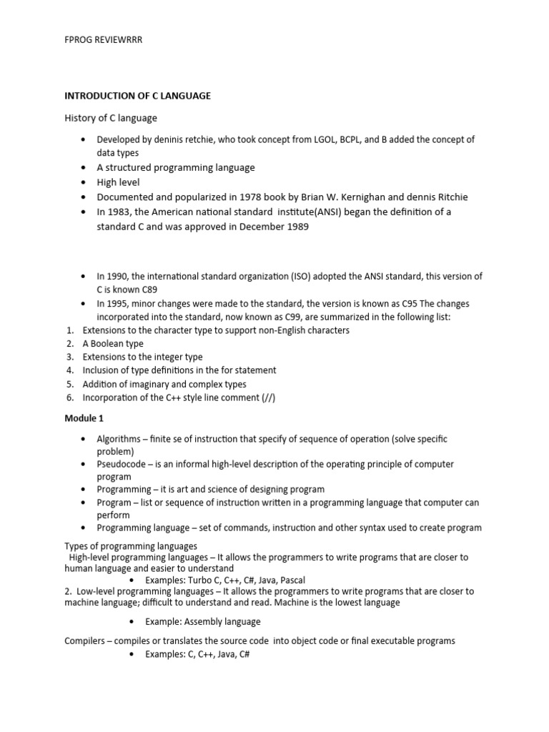 Introduction Of C Language Pdf