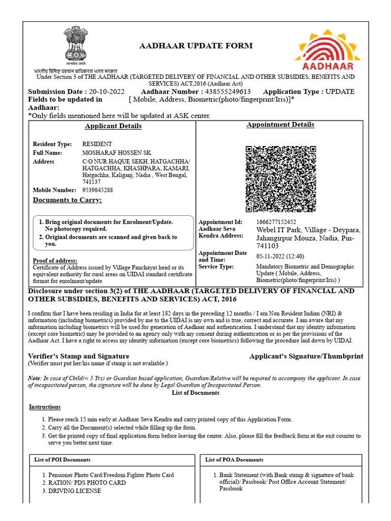Aadhaar Update Process for Residents | PDF