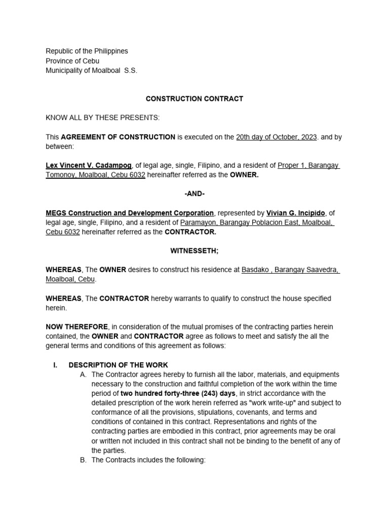 Moalboal Construction Contract Agreement | PDF | General Contractor ...