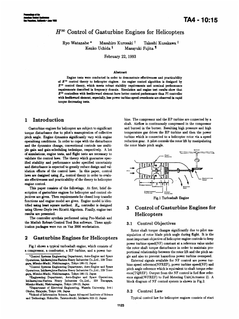 Conf-1993-H Control of Gas Turbine Engines For Helicopters, Watanabe | PDF
