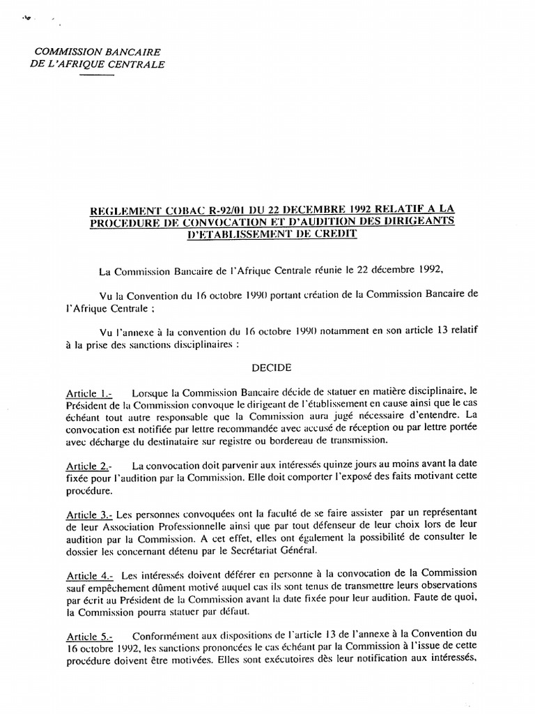 Règlement COBAC R92 01 Du 22 Décembre 1992 Relatif À La Procédure de Convocation Et D