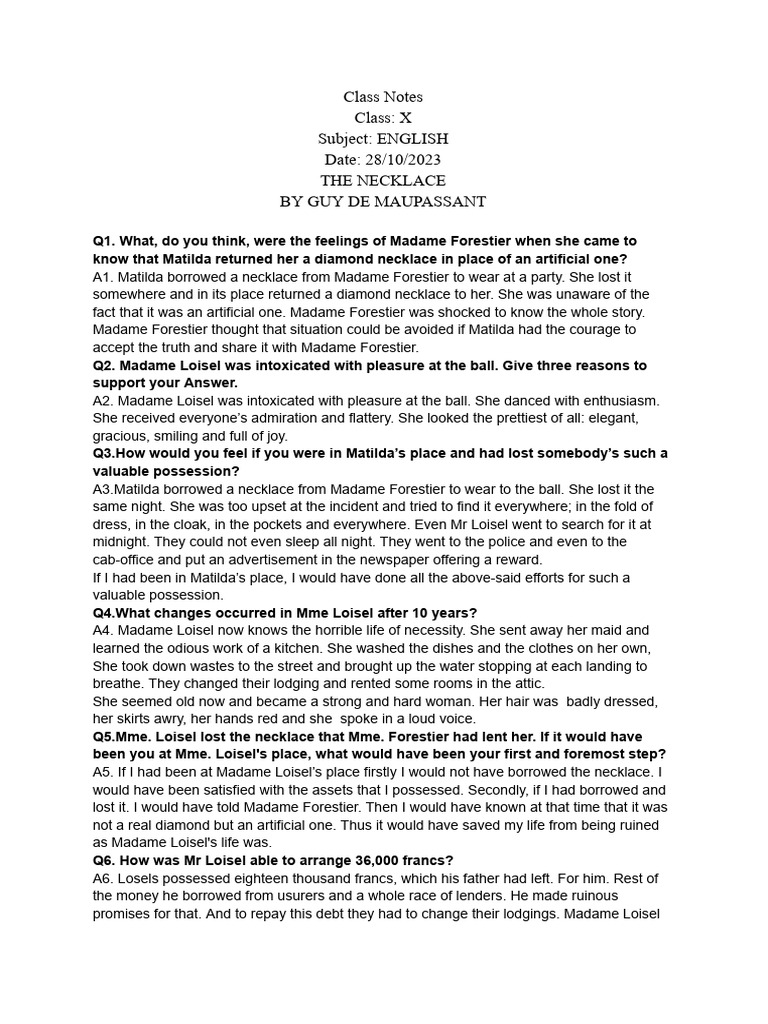 Word Meaning Of Chapter The Necklace Class 10th