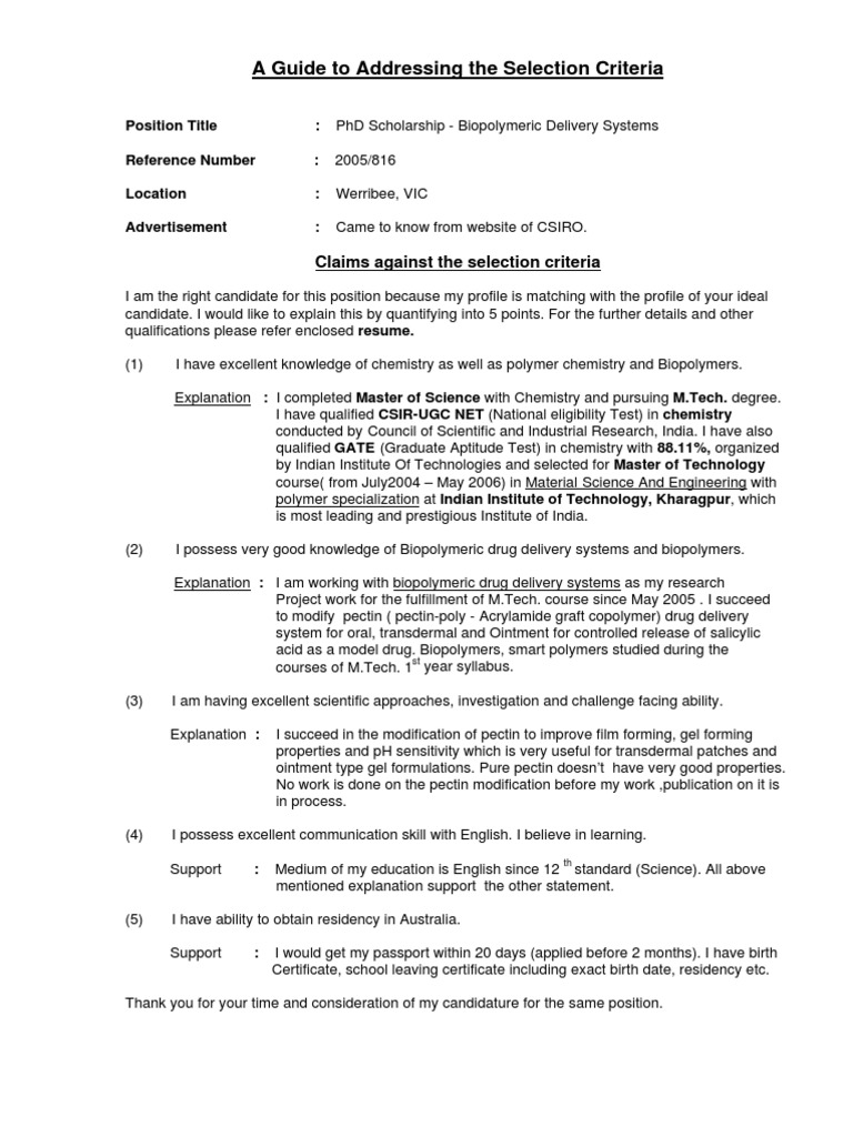 Addressing Selection Criteria for PhD Scholarship | PDF | Master's ...