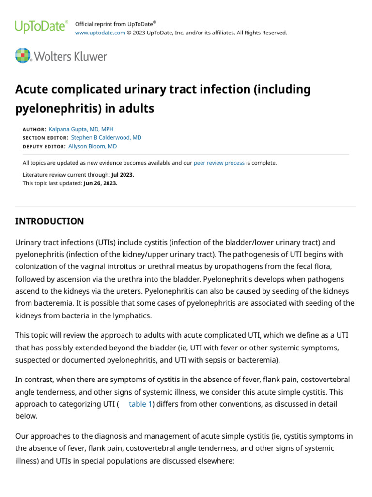 Acute Complicated Urinary Tract Infection (Including Pyelonephritis) in
