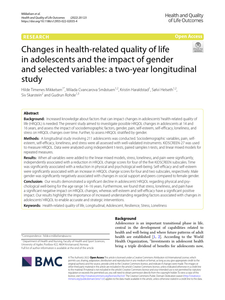 Changes in Health-Related Quality of Life in Adolescents and The Impact ...