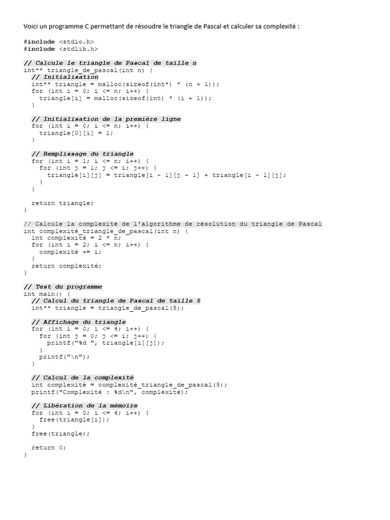 Programme C: Triangle de Pascal et Complexité | PDF