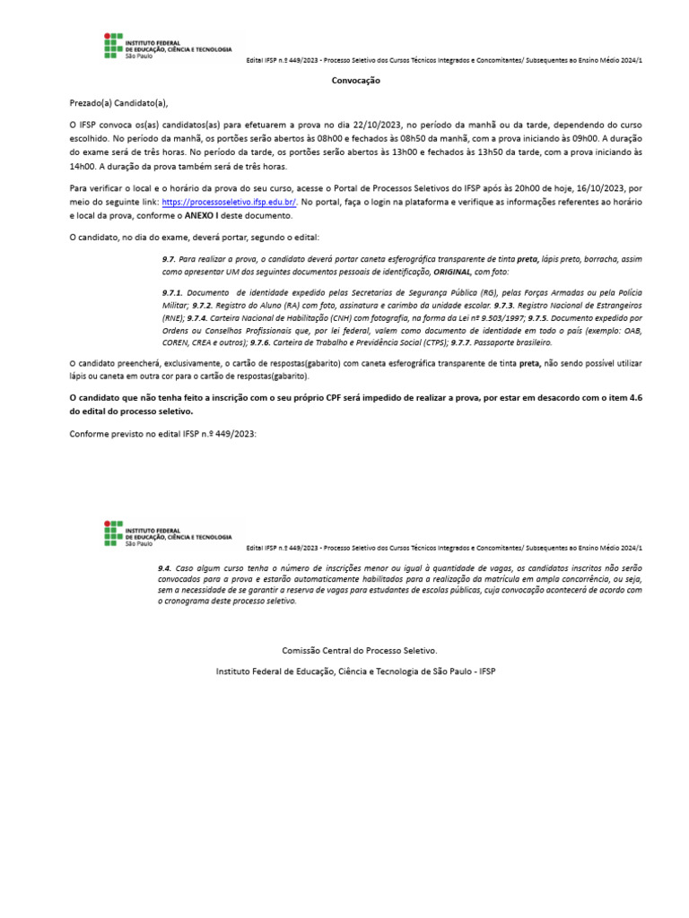 Convocação Para Prova Ifsp 2024 1 Pdf Carreira E Crescimento