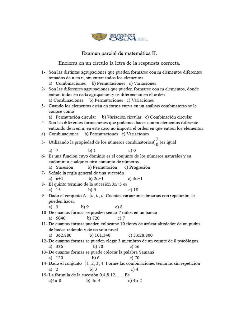 Examen Parcial de Matemática II | PDF