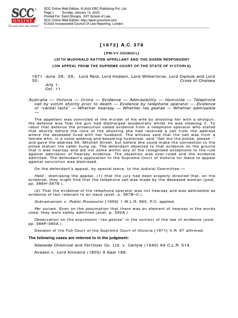 Ratten v The Queen: Hearsay Evidence Case | PDF | Hearsay | Evidence