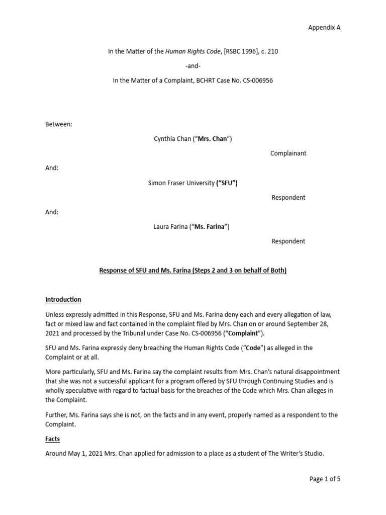 Appendix A BCHRT Case No. 006956 Response of SFU and Laura Farina Final ...