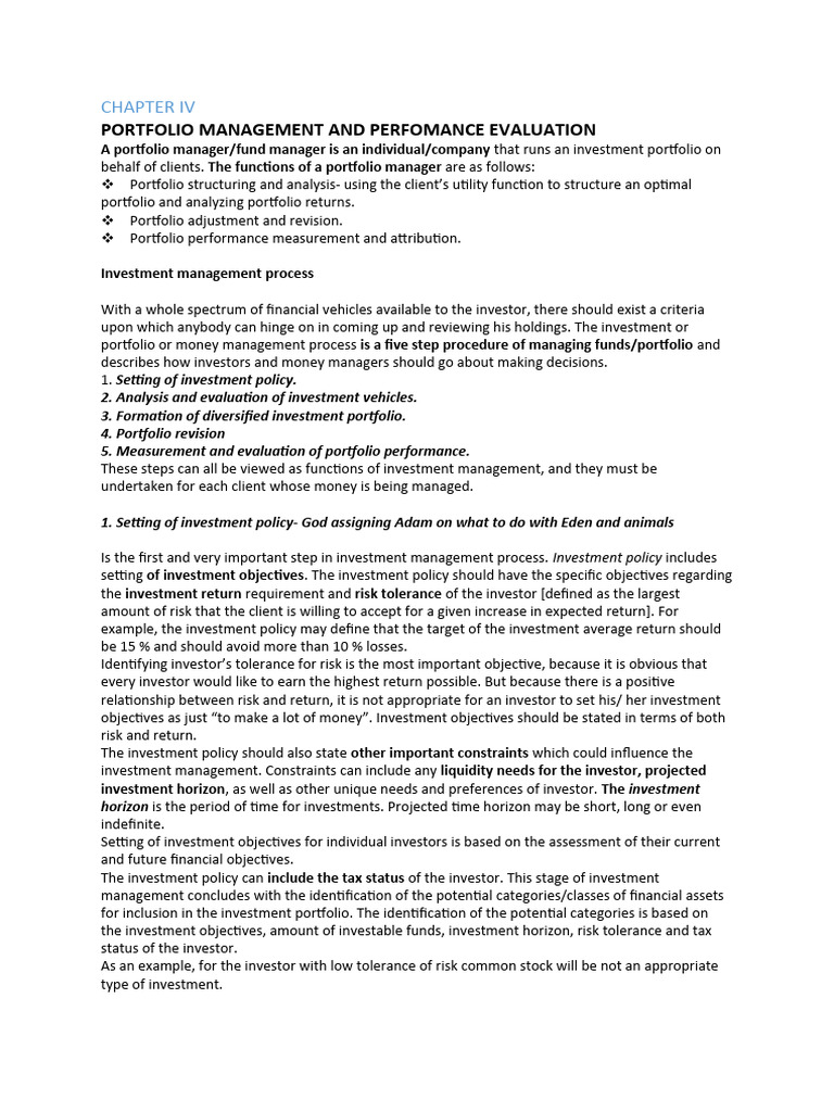 Portfolio Management And Perfomance Evaluation Pdf Investing