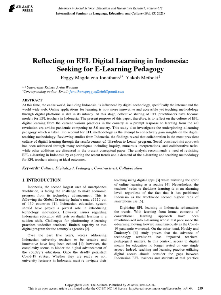 Reflecting on efl digital learning in indonesia seeking for e learning